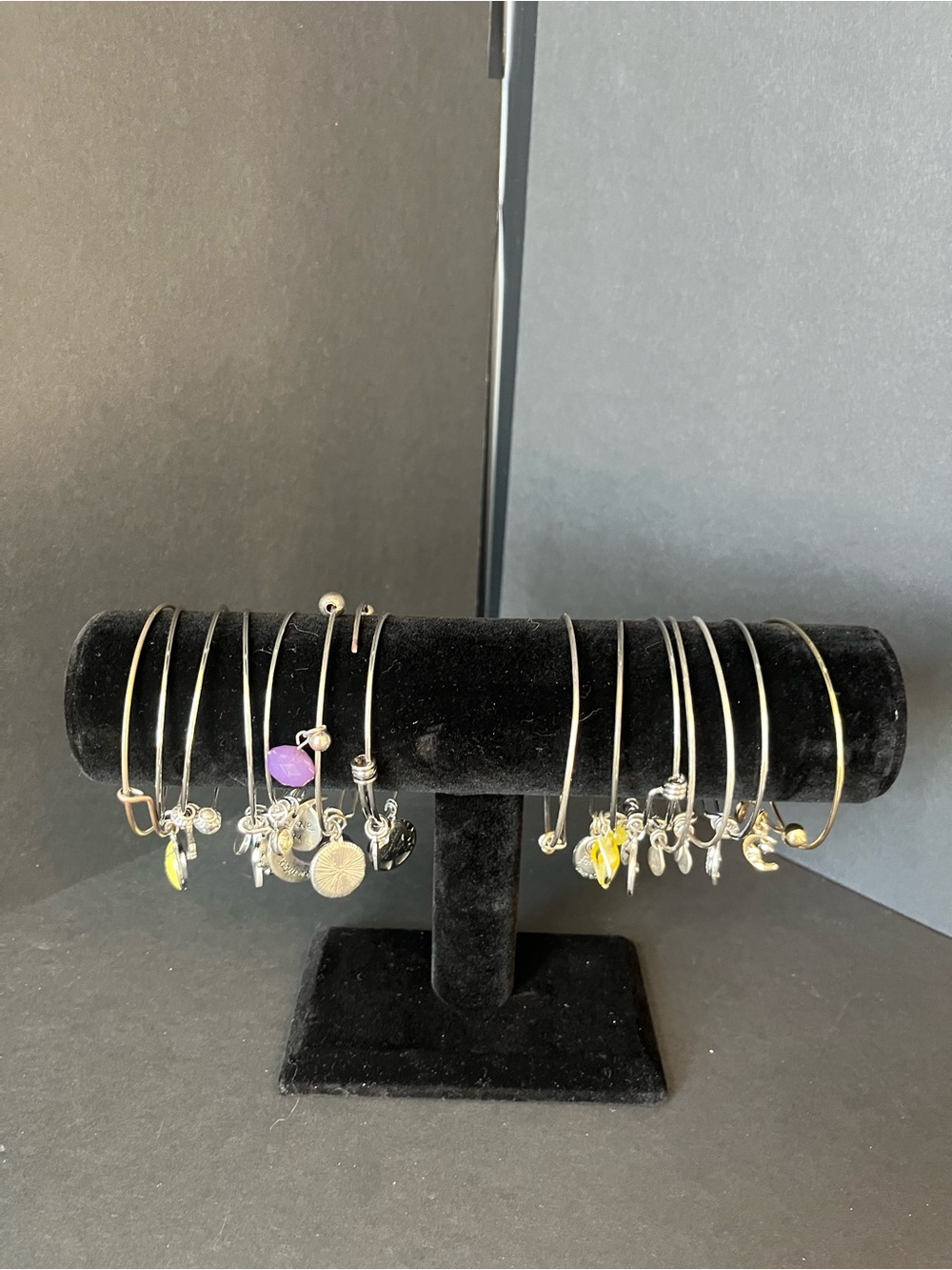 Silver toned wire Bangle Charm Bracelet Set Bundle of 13 various brands